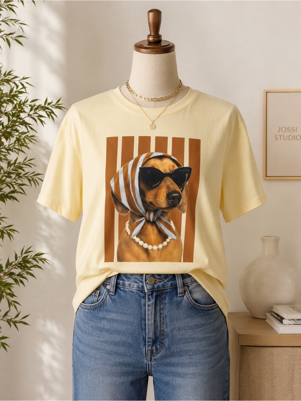 Cream Yellow Dog Graphic Tee with Pearl Detail